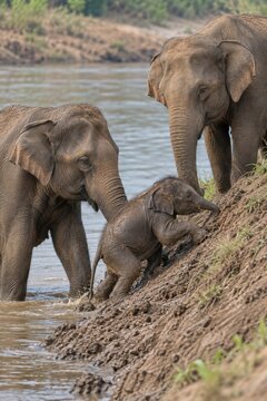 Elephant calf climbing a muddy riverbank beside adults