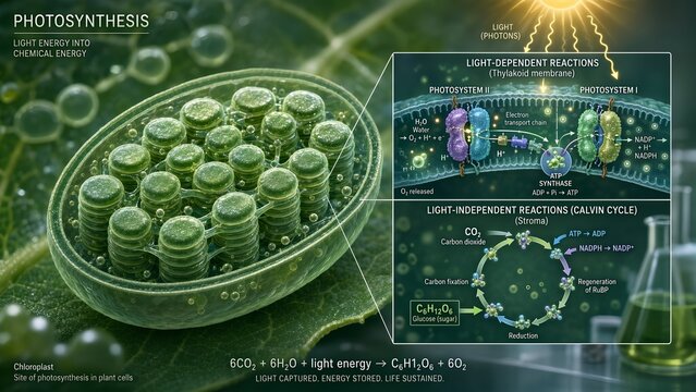 Chloroplast on leaf surface featuring a scientific inset illustration of light-dependent and calvin cycle reactions converting co2 and h2o to glucose