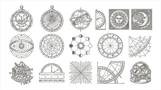  Renaissance astrolabe vector emblems with celestial sun moon crests and cosmic geometry