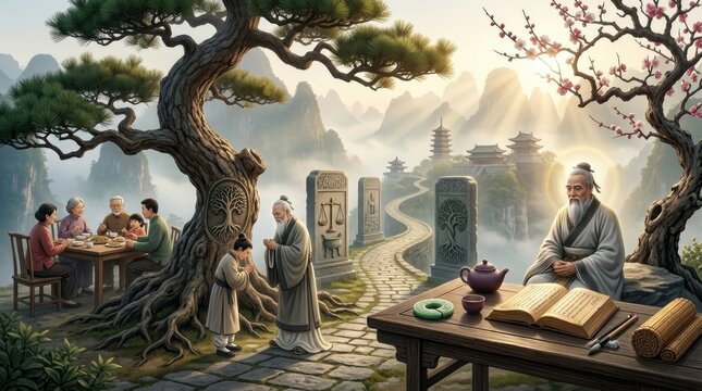 Confucianism moral doctrine: Confucius teaching, virtue philosophy, filial respect, ancient wisdom, spiritual balance, propriety practice, righteous master.