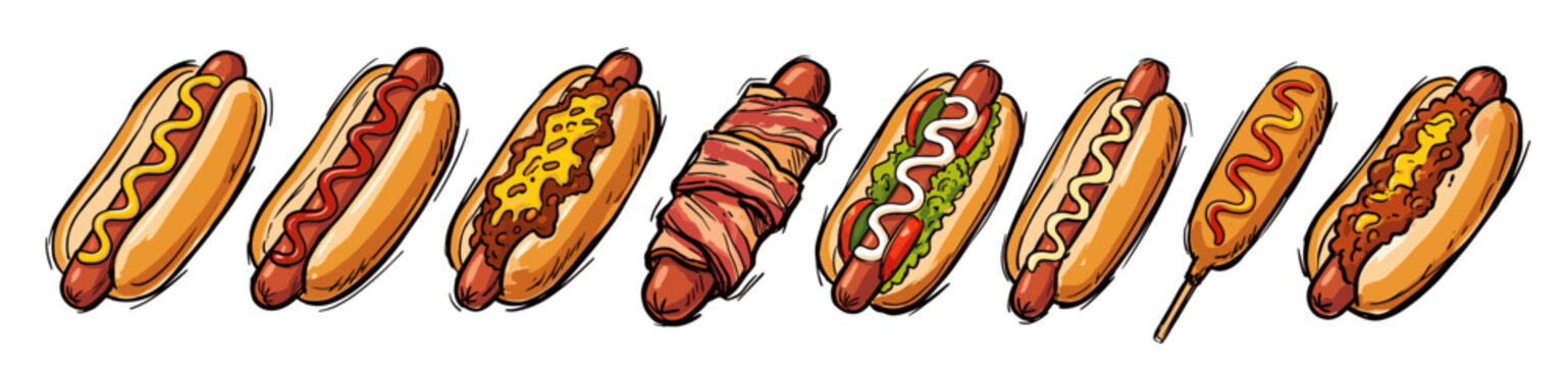 A collection of various delicious hot dogs with different toppings and sauces.