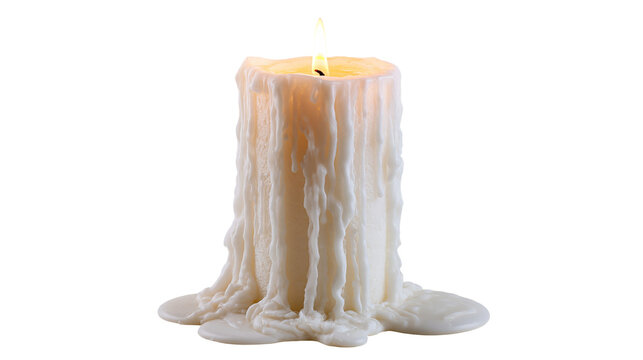 White pillar candle with melting wax drips and glowing flame
