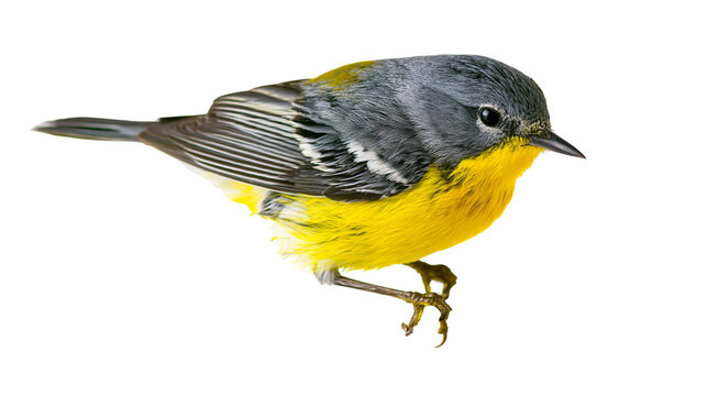 Magnolia warbler bird with grey head and bright yellow breast plumage