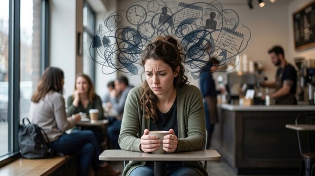 Generalized anxiety disorder: mental stress, cognitive overwhelm, nervous tension, panic worry, emotional fatigue, chronic dread, psychological struggle, sorrowful woman.