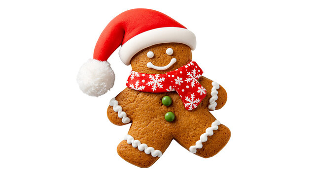 Gingerbread man cookie wearing a red Santa hat and a snowflake patterned scarf
