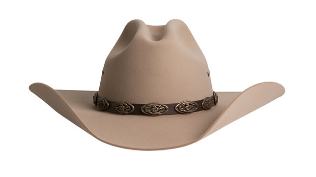Beige felt cowboy hat with brown leather band and decorative metal conchos