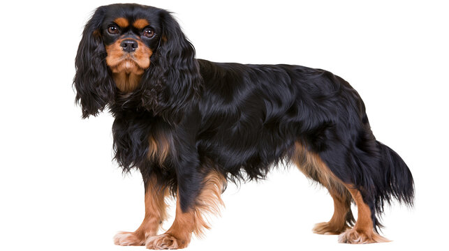 Black and tan Cavalier King Charles Spaniel dog standing