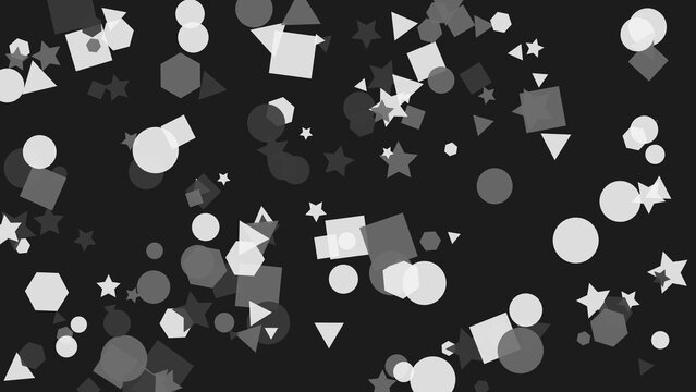 Abstract Geometric Shapes Background with White Circles Squares and Stars Scattered on Black
