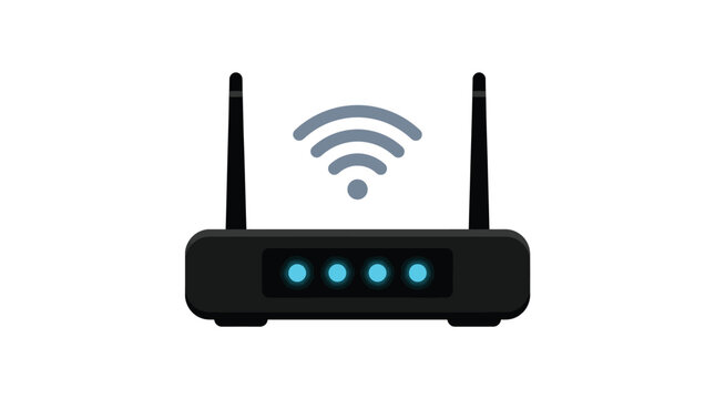 Modern wireless internet router vector illustration featuring glowing blue signal lights for high speed data connectivity