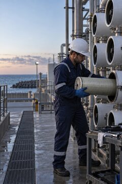 Technician replacing a filter cartridge at a water plant