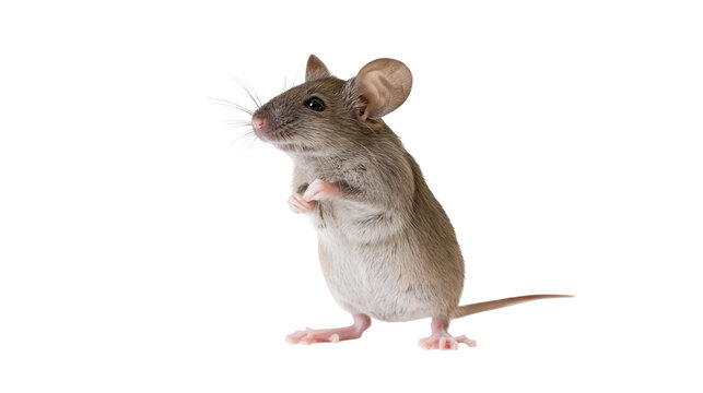 Small brown house mouse standing on hind legs with whiskers and pink paws