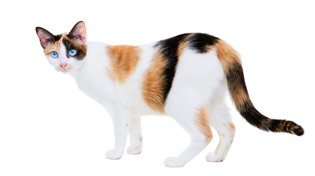 Calico cat with blue eyes standing and looking at camera