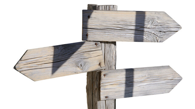 Weathered wooden signpost with three blank directional arrows pointing different ways