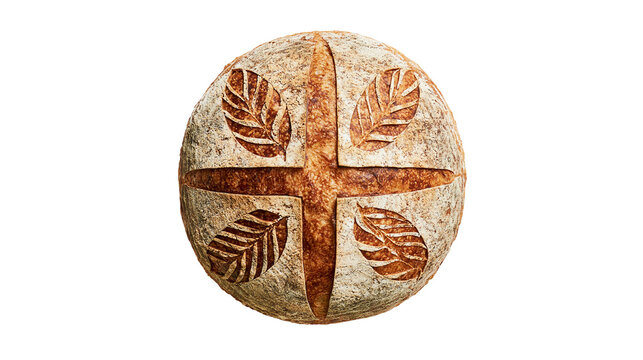 Round sourdough bread loaf with decorative leaf patterns scored on the crust