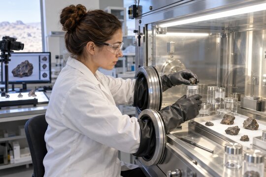Scientist examining rock samples inside a laboratory glovebox