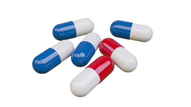 Blue and white and red and white pharmaceutical capsule pills scattered