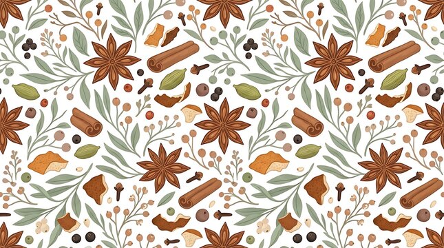 Seamless Pattern with Aromatic Spices and Botanical Elements.