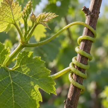 Green vine tendril coiling around a wooden support