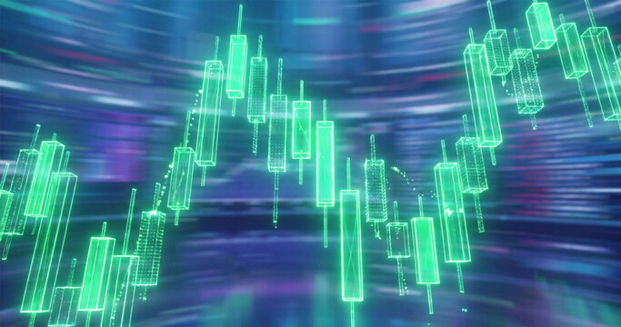 Glowing green 3D candlestick stock market chart showing bullish trend on high tech digital background