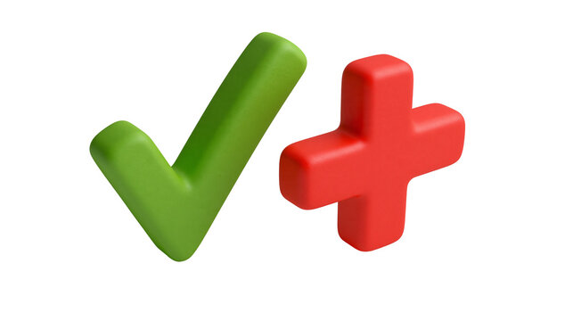 Green check mark and red plus sign 3D icons