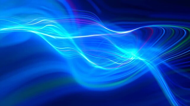 Blue and cyan luminous ribbons and fine light trails flow across a dark abstract digital field. Technology presentation, digital media, and website hero section.
