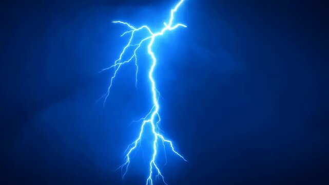 Branching electric lightning flashes across a dark atmospheric field. Weather programming, energy industry presentations, and science education.