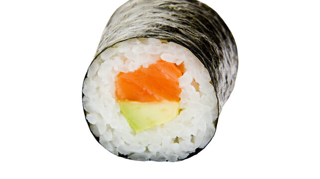 Fresh salmon and avocado sushi roll wrapped in dark green nori seaweed