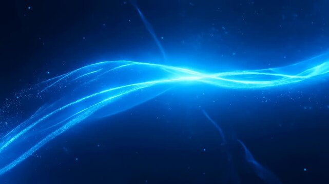 Blue light waves flow through a dark abstract digital field with glowing particles. Technology presentations, digital product branding, and website hero sections.
