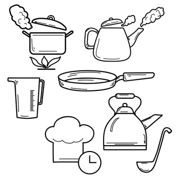kitchen accessories and tools, linear vector illustrations. for restaurant menus, cooking blogs, kitchen decor, food packaging, cooking applications, and educational materials. Isolated on background