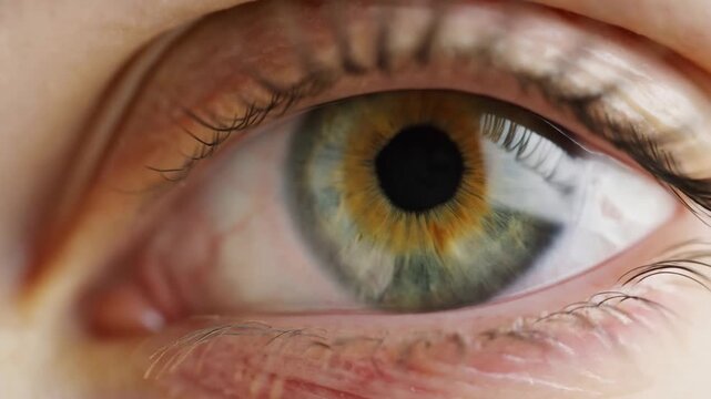 Extreme close-up of a green-hazel human eye shifting within a detailed iris and pupil. Eye care advertising, optometry services, and ophthalmology education.