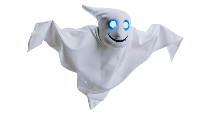 White fabric ghost decoration with glowing blue eyes and stitched smile