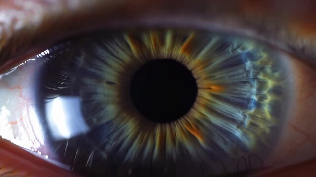 Extreme close-up of a human eye as the pupil changes size in a controlled setting. Eye care advertising, optometry education, and ophthalmology presentations.