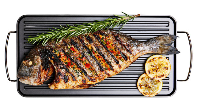 Grilled whole sea bream fish with fresh rosemary and charred lemon slices on grill