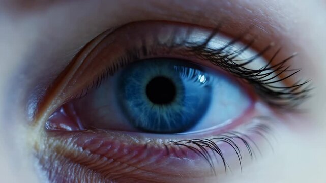 Extreme close-up of a blue human eye with detailed iris, pupil, eyelashes, and subtle eyelid movement. Eye care advertising, optometry services, and ophthalmology education.