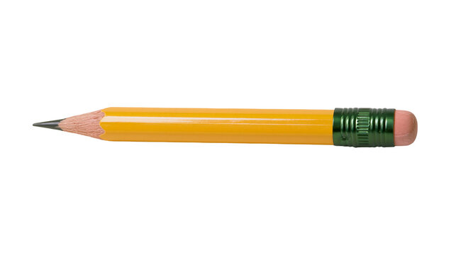 Yellow wooden pencil with pink eraser and green metal ferrule