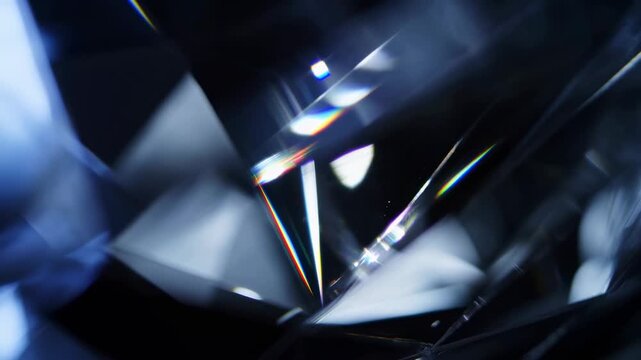 Abstract crystal forms shift with prismatic reflections in a dark digital space. Technology presentations, luxury branding, and title sequences.