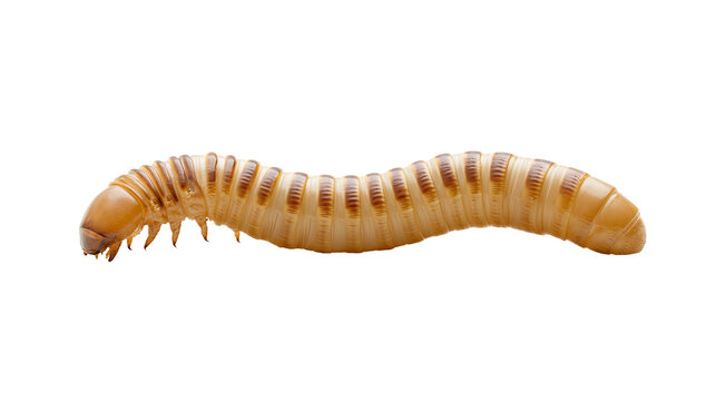 Tan and brown segmented mealworm larva with visible legs