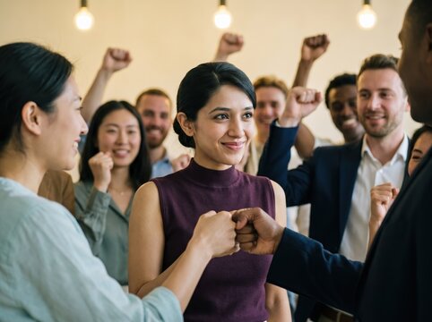 Generative AI, Diverse team celebrating success with a fist bump and cheering in the office