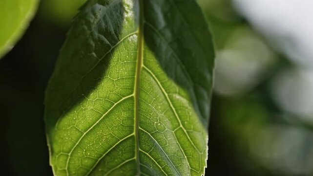 Green leaf with visible veins moves gently outdoors against softly blurred foliage. Botanical education, nature documentaries, and gardening promotion.