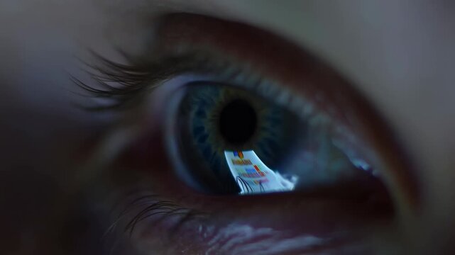 Extreme close-up of a human eye shifting as a digital screen reflects across the iris. Cybersecurity advertising, digital privacy campaigns, and biometric authentication presentations.