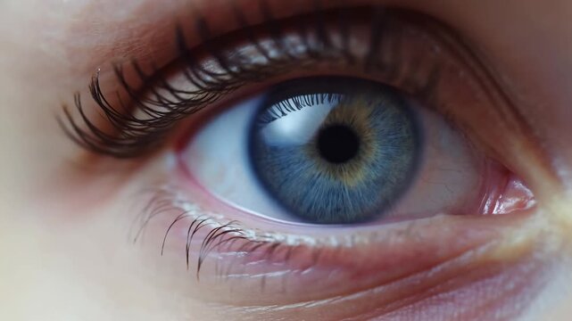 Extreme close-up of a human eye opening, looking forward, and closing in a macro view. Eye care advertising, optometry services, and ophthalmology education.