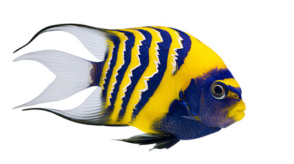 Vibrant yellow and blue striped angelfish with long flowing tail fins © Lubos