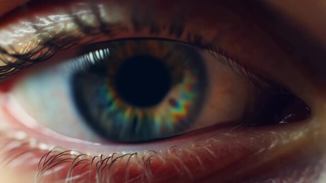 Open human eye in extreme close-up with detailed green-blue iris and subtle movement. Eye care advertising, optometry services, and ophthalmology education.