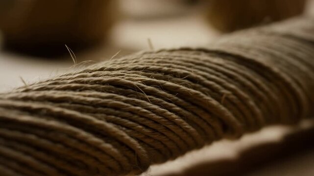 Coiled natural fiber rope winds on a workshop surface in warm macro close-up. Craft material advertising, textile manufacturing presentations, and sustainable product campaigns.