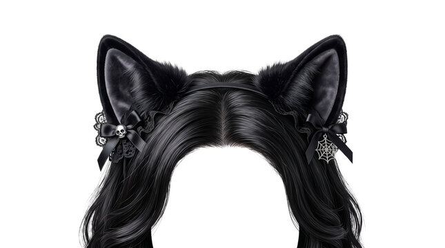 Gothic black cat ears headband on dark wavy hair, feline cosplay accessory with lace bows and skull charms, emo aesthetic hairpiece isolated PNG with Transparent Background