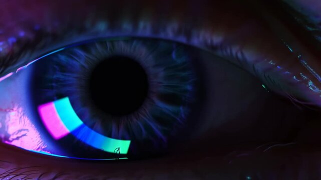 Neon-lit human eye gazing toward camera in a dark studio setting. Technology advertising, cybersecurity campaigns, and biometric software promotion.