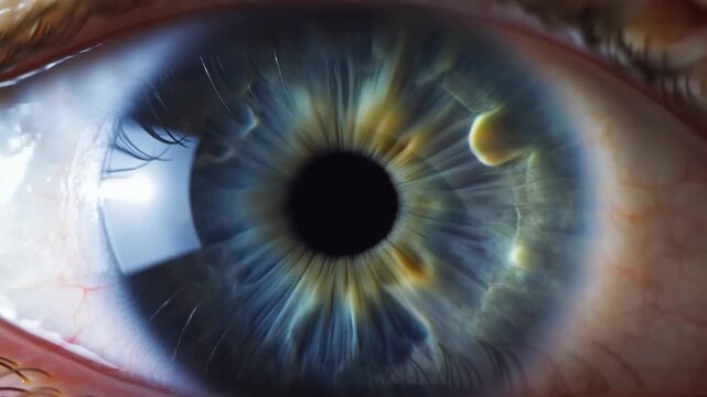 Extreme close-up of a blue-green human eye with subtle pupil movement and detailed iris fibers. Optometry advertising, ophthalmology education, and eye care campaigns.