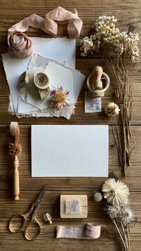 Handmade greeting card supplies flatlay with dried flowers wax seal scissors and ribbon for craft workshop background and invitation design