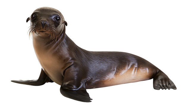 Young brown sea lion pup with large dark eyes and sleek fur