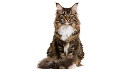 Brown tabby Maine Coon cat with white chest fur sitting and looking forward © Lubos